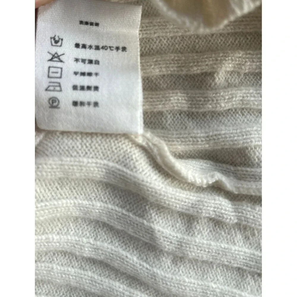 Xu Zhi x Fabrique Ivory Ribbed Knit Asymmetric Fringe Crewneck Wool Sweater Sz S